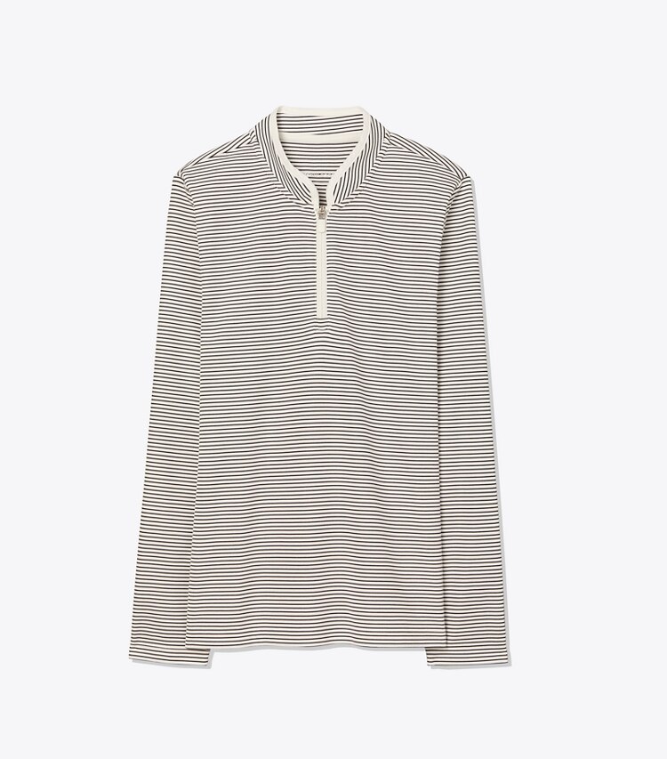 Tory Sport designer tops Performance Striped Half-Zip Pullover in Snow White/Tory Navy Pin Stripe front