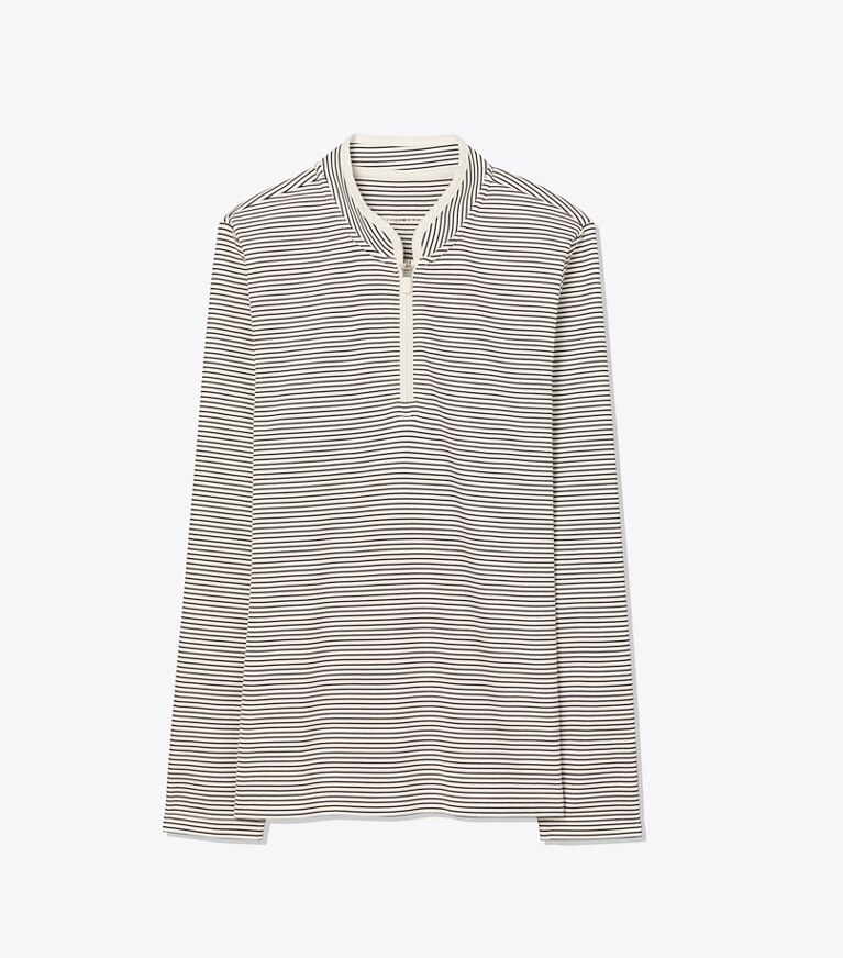 Tory Sport designer tops Performance Striped Half-Zip Pullover in Snow White/Tory Navy Pin Stripe front