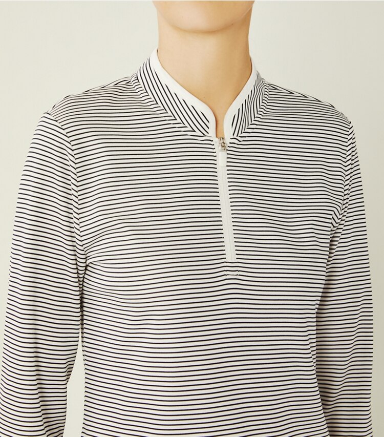 Tory Sport designer tops Performance Striped Half-Zip Pullover in Snow White/Tory Navy Pin Stripe on model detail