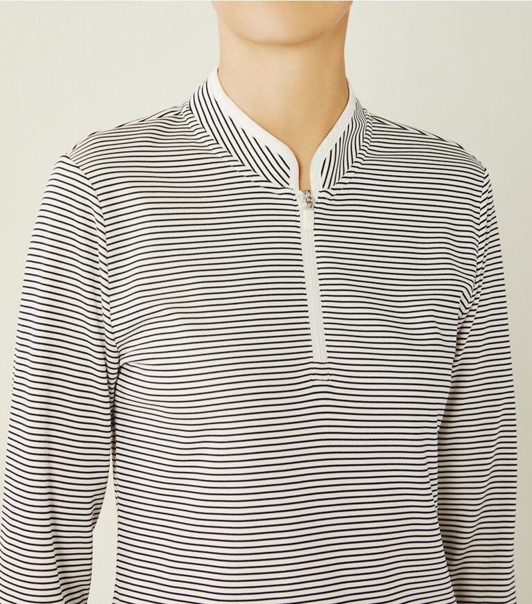 Tory Sport designer tops Performance Striped Half-Zip Pullover in Snow White/Tory Navy Pin Stripe front