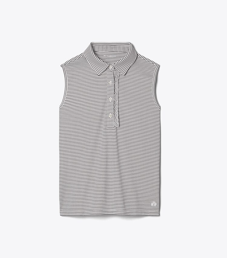 Tory Sport designer tops Performance Striped Sleeveless Ruffle Polo in Snow White/Tory Navy Pin Stripe front