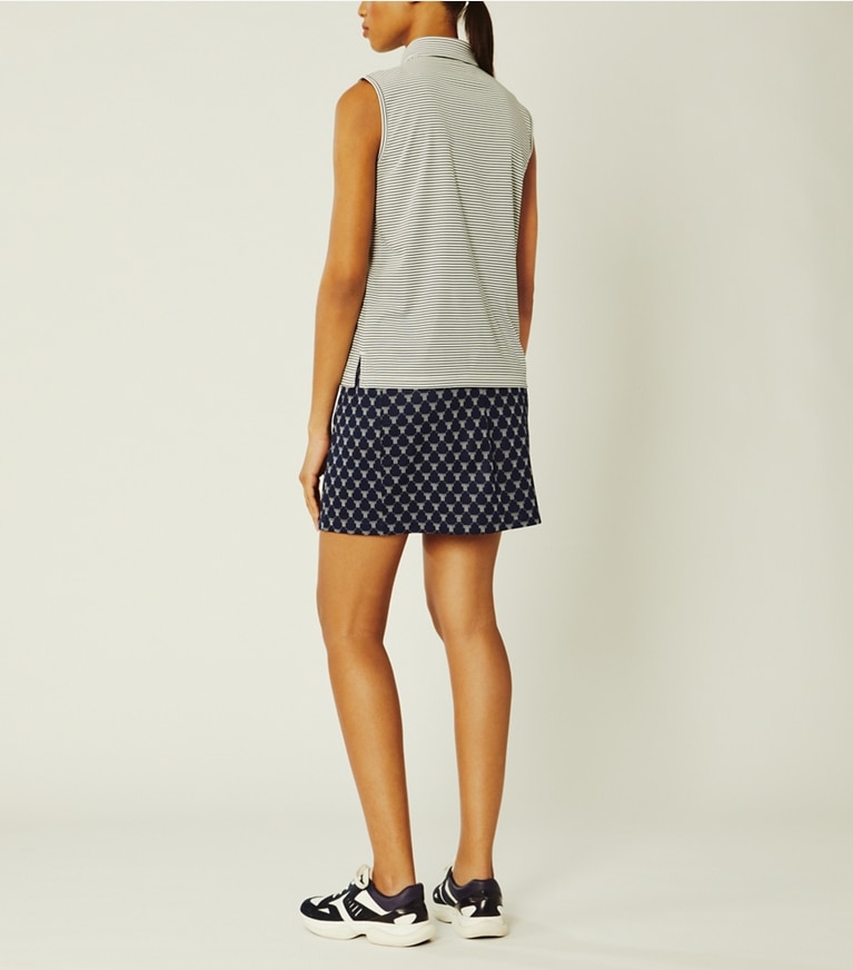 Tory Sport designer tops Performance Striped Sleeveless Ruffle Polo in Snow White/Tory Navy Pin Stripe front