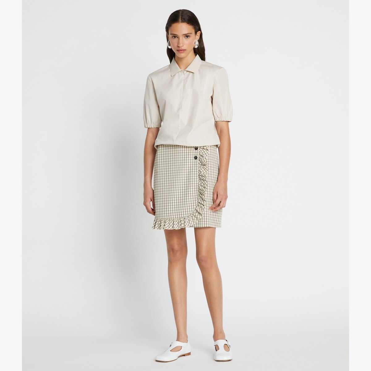 Beige Plaid Golf Skirt Tiered Drawstring Skirt Light Blue/plaid