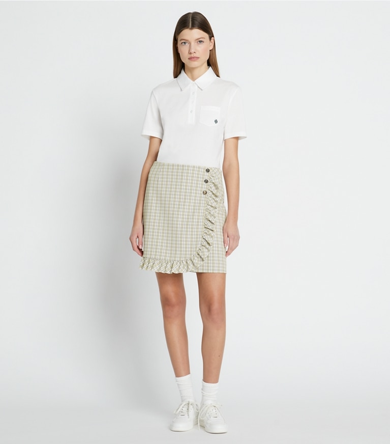 Tory Sport designer bottoms Performance Twill Golf Skirt in New Ivory Pin Stripe Plaid front