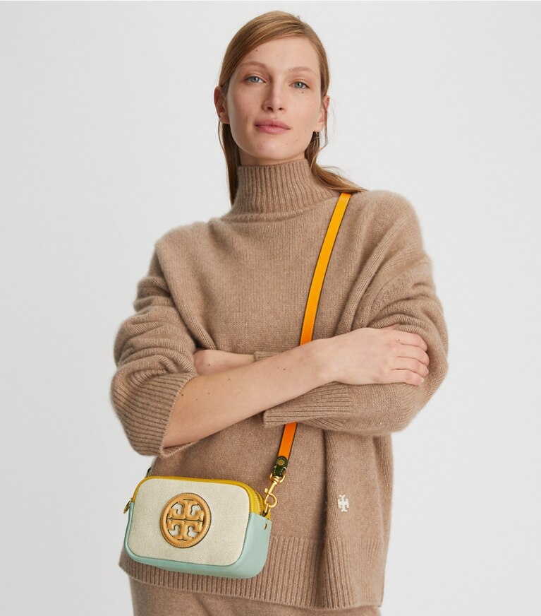 Tory Burch designer crossbody bags Perry Bombé Canvas Mini Bag in Natural angle