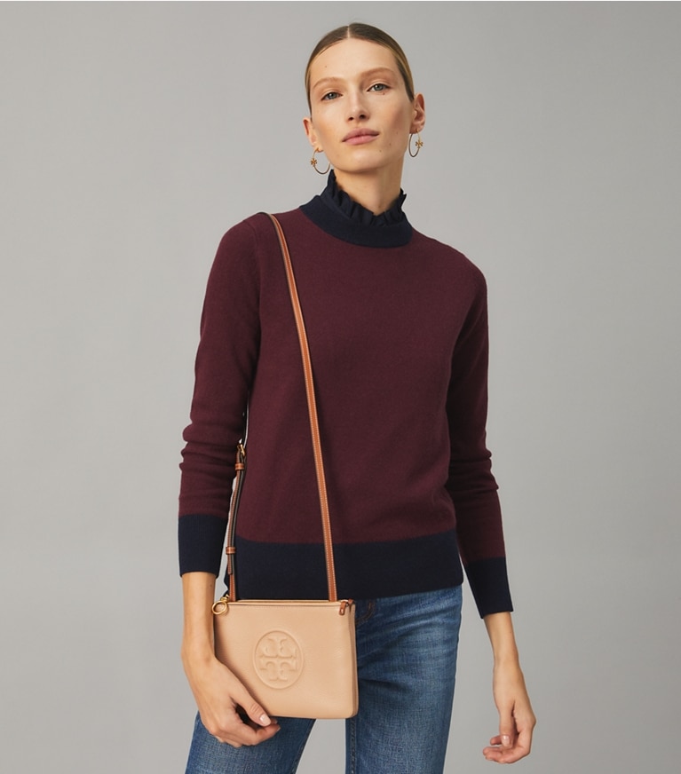 Tory Burch designer crossbody bags Perry Bombé Double-Zip Crossbody in Devon Sand accessory on model