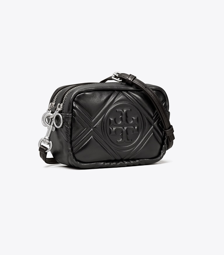 Tory Burch designer crossbody bags Perry Bombé Embossed Mini Bag in Black angle