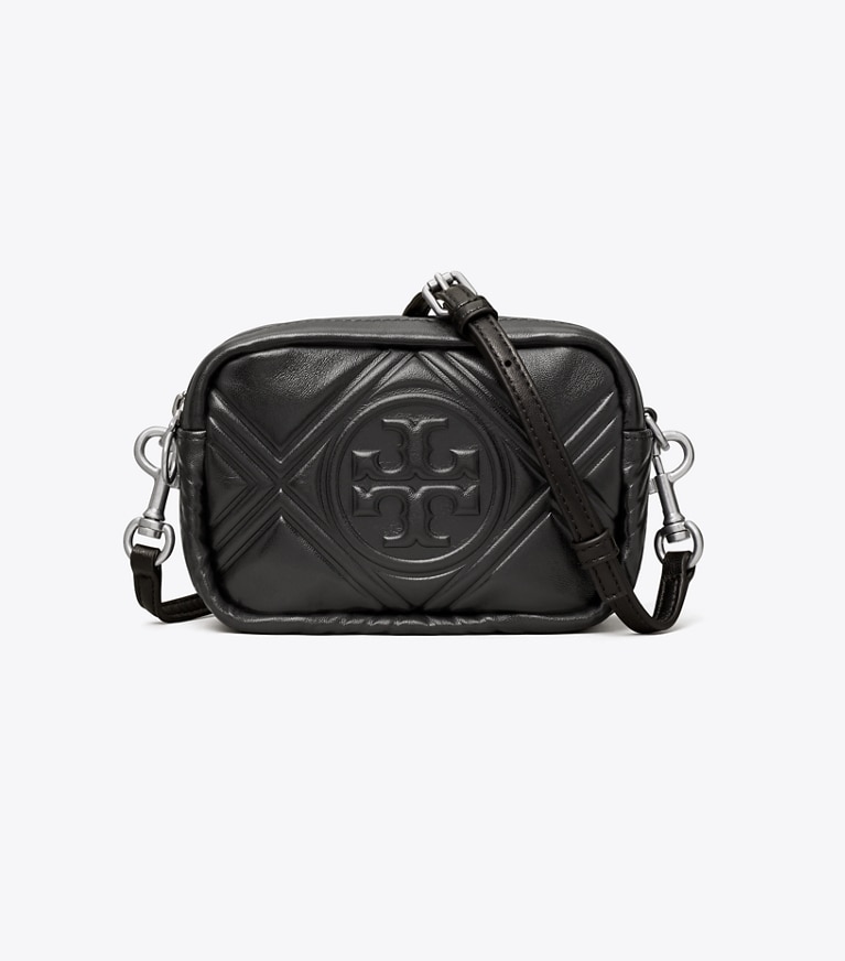 Tory Burch designer crossbody bags Perry Bombé Embossed Mini Bag in Black angle