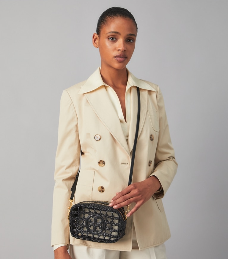 Tory Burch designer crossbody bags Perry Bombé Woven Mini Bag in Black angle