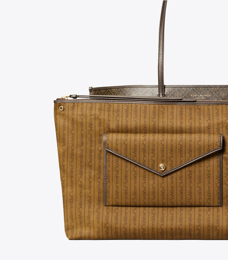 Tory Burch designer tote bags Perry Coated Canvas Tote in French Press angle