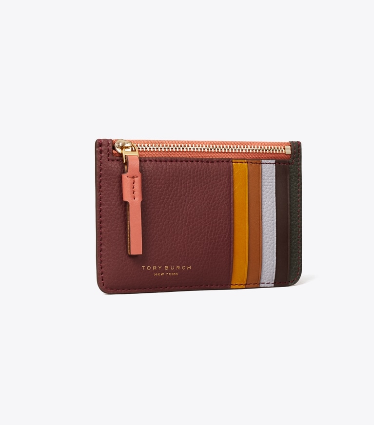 Tory Burch designer card cases Perry Color-Block Top-Zip Card Case in DARK RHUBARB angle
