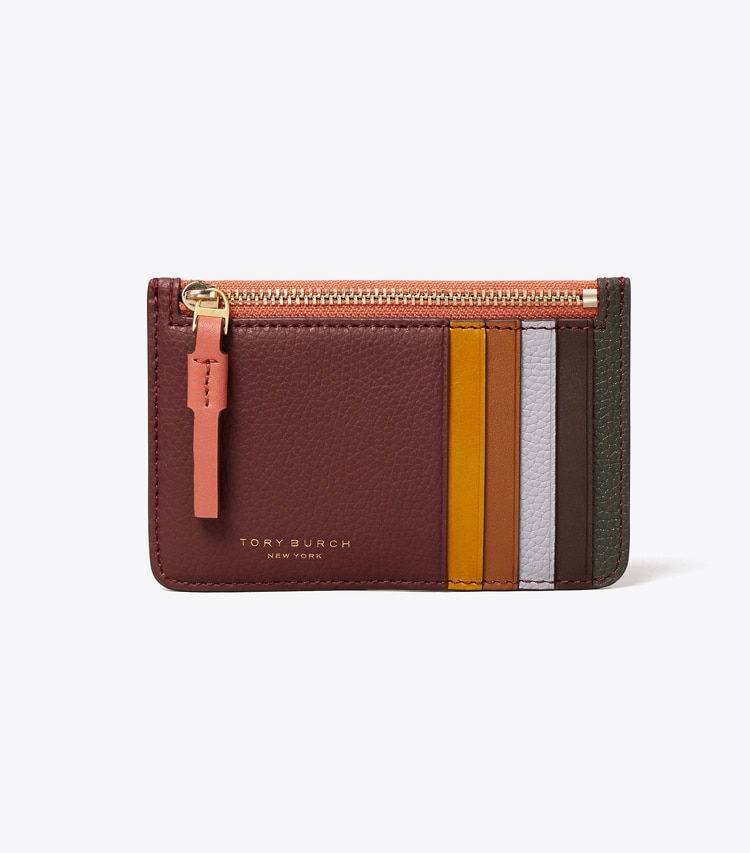 Tory Burch designer card cases Perry Color-Block Top-Zip Card Case in DARK RHUBARB front