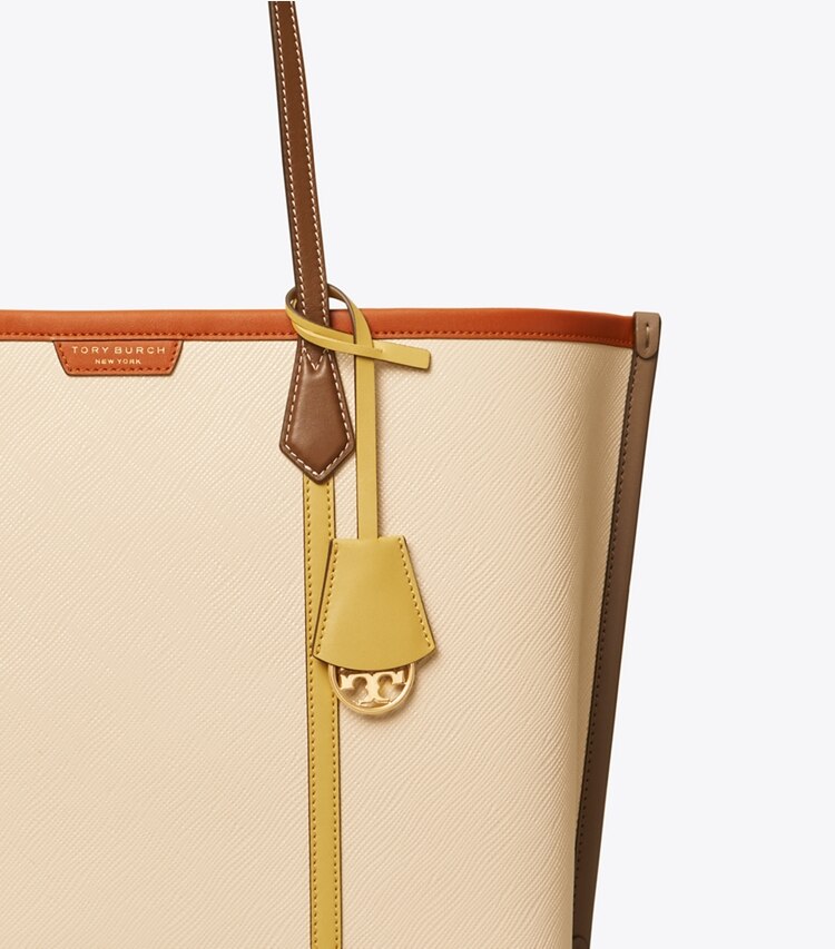 Tory Burch designer tote bags Perry Color-Block Triple-Compartment Tote in BRIE / BEESWAX / HOT CHOCOLATE detail