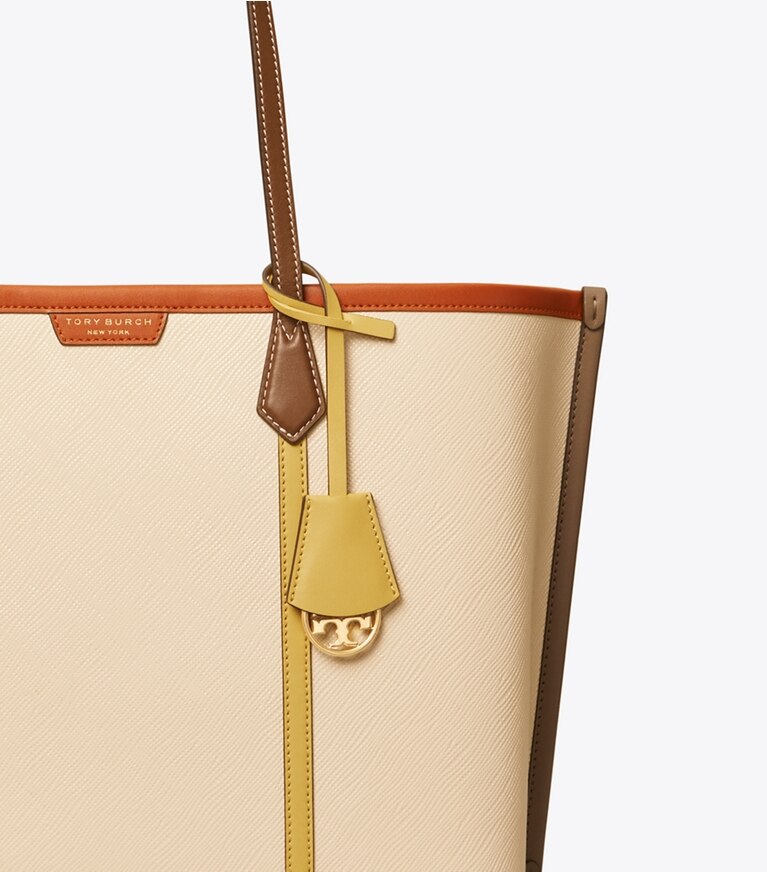 Tory Burch designer tote bags Perry Color-Block Triple-Compartment Tote in BRIE / BEESWAX / HOT CHOCOLATE angle