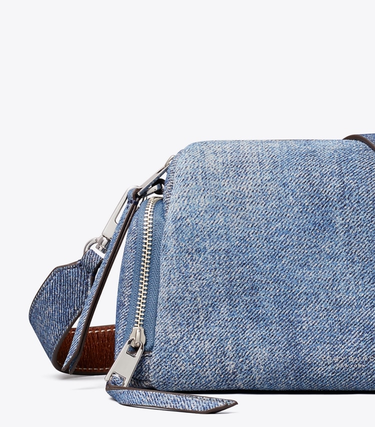 Tory Burch designer crossbody bags Perry Denim-Print Suede Voyager Crossbody Bag in Blue Jean detail