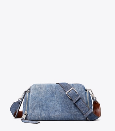 Tory Burch designer crossbody bags Perry Denim-Print Suede Voyager Crossbody Bag in Blue Jean front