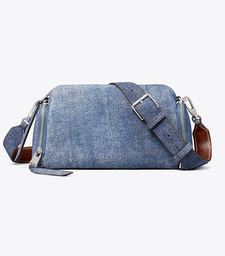 Tory Burch designer crossbody bags Perry Denim-Print Suede Voyager Crossbody Bag in Blue Jean front