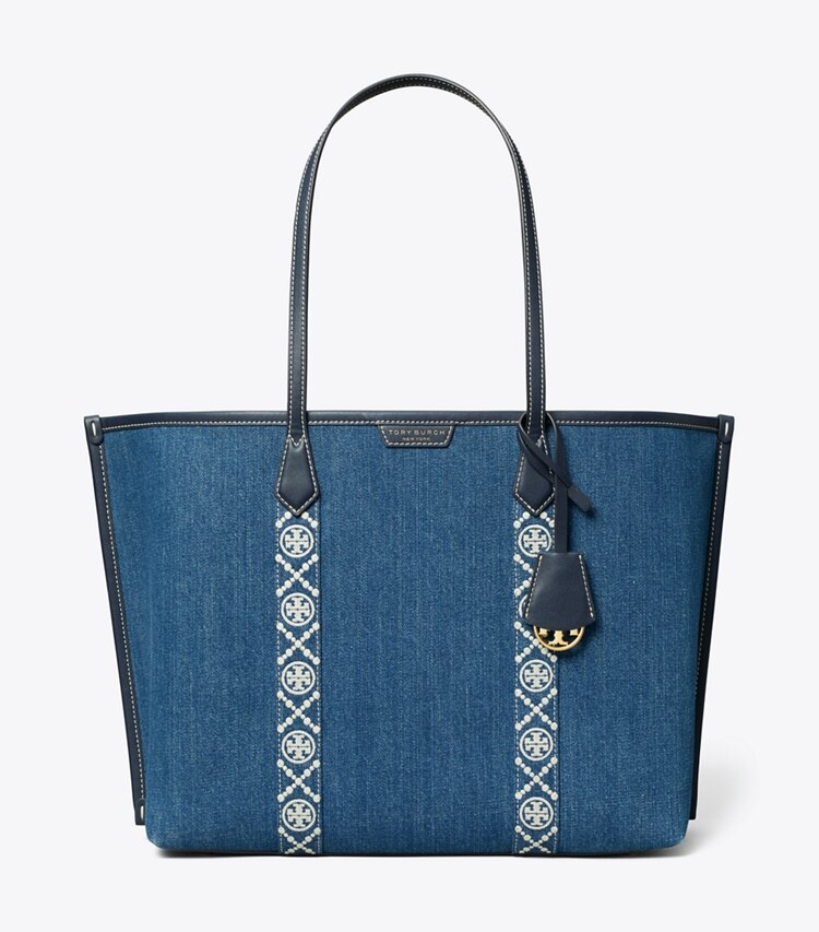 Tory Burch designer tote bags Perry Denim Triple-Compartment Tote in Denim front