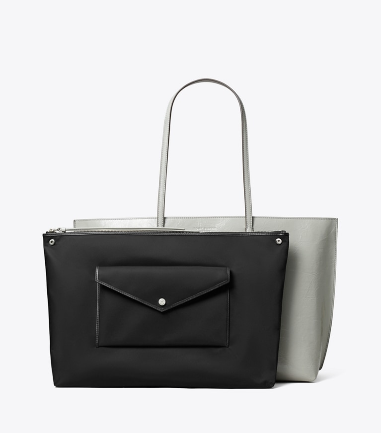 Tory Burch designer tote bags Perry Distressed Tote in Light Granite angle