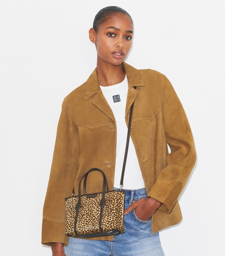 Tory Burch designer crossbody bags Perry Leopard Mini Tote in Multi accessory on model