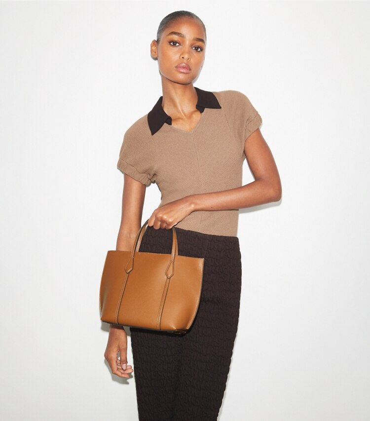 Tory Burch designer crossbody bags Perry Mini Tote in Autumn Brown additional on model