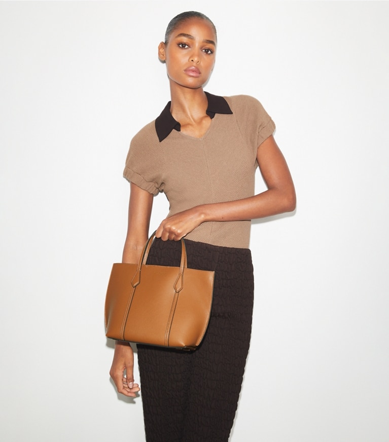 Tory Burch designer crossbody bags Perry Mini Tote in Autumn Brown angle