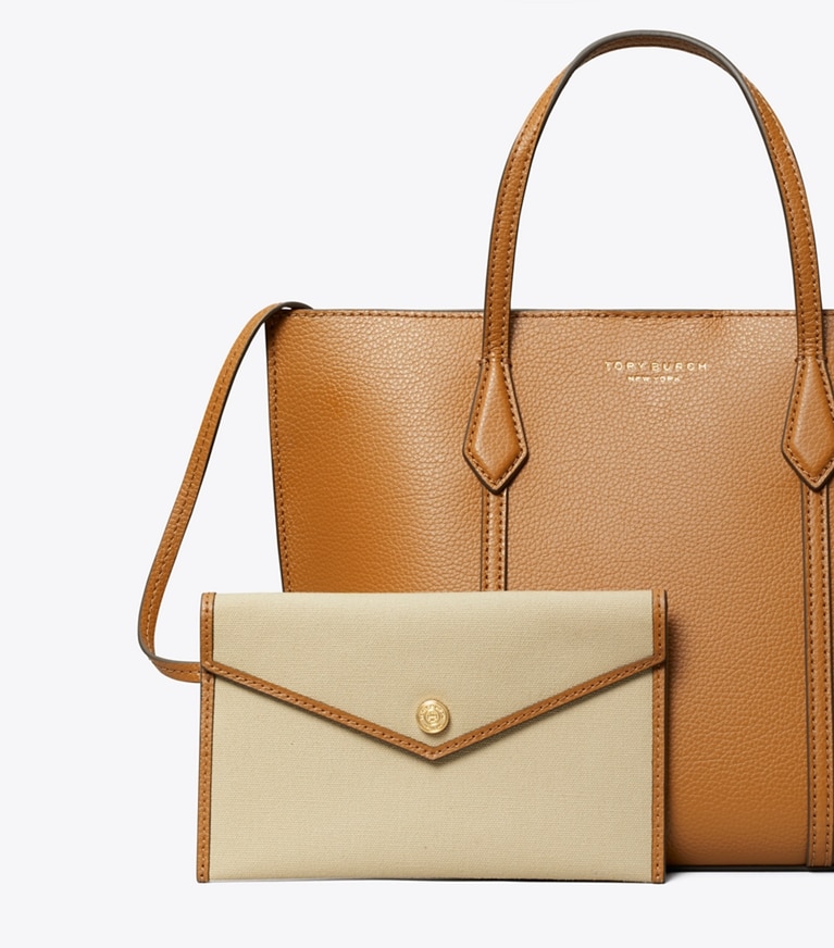 Tory Burch designer crossbody bags Perry Mini Tote in Autumn Brown angle