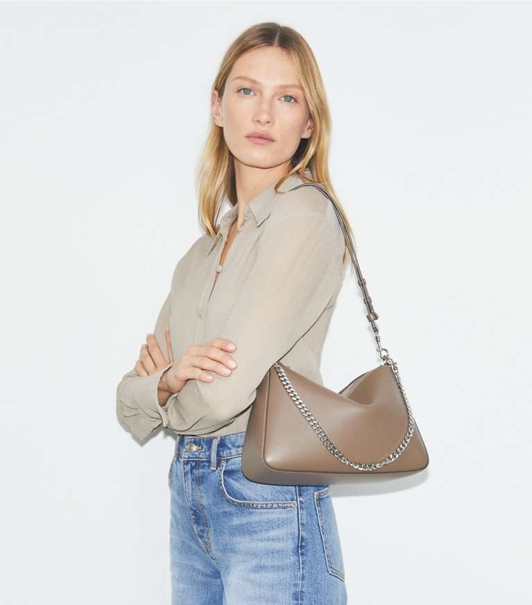 Tory Burch designer schultertaschen Perry Schultertasche in Wild Mushroom accessory on model