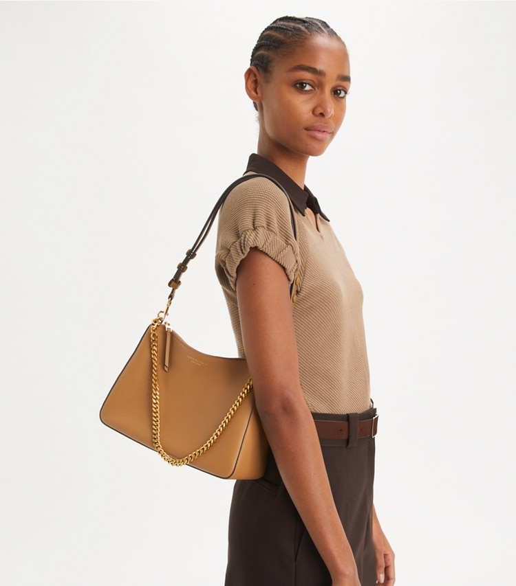 Tory Burch designer shoulder bags Perry Shoulder Bag in Tiramisu accessory on model
