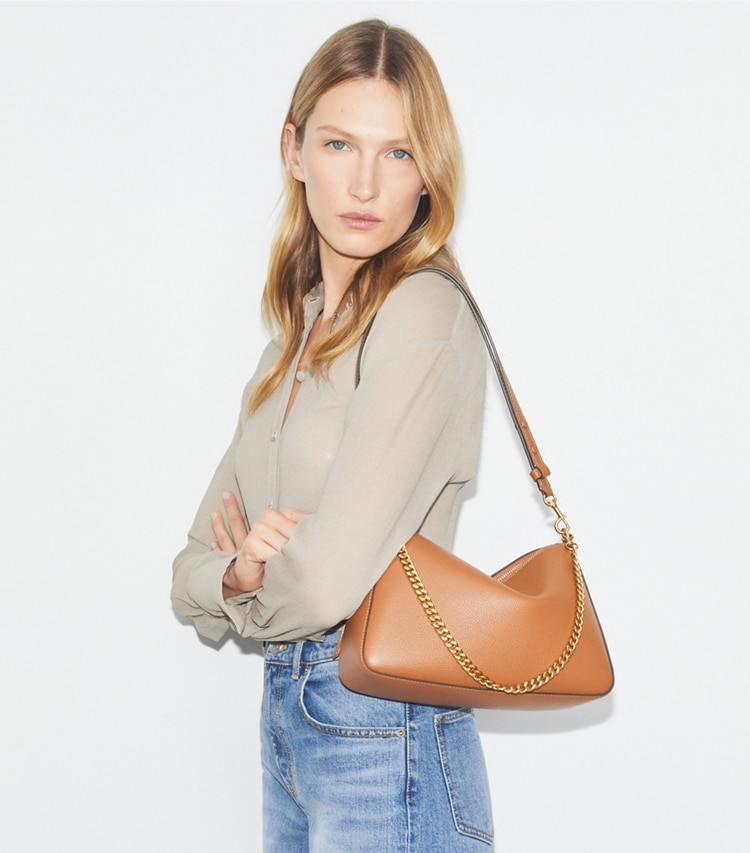 Tory Burch designer shoulder bags Perry Shoulder Bag in Autumn Brown accessory on model
