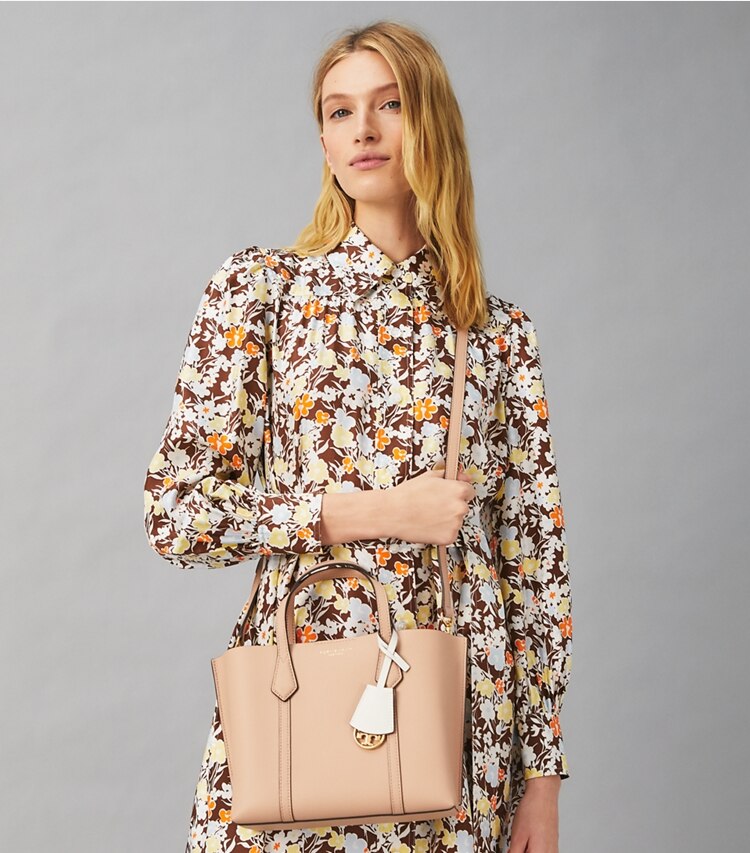 Tory Burch designer tote bags Perry Small Triple-Compartment Tote Bag in Devon Sand accessory on model