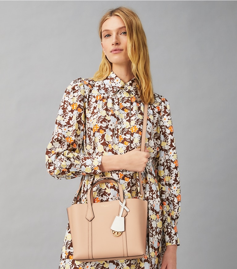 Tory Burch designer tote bags Perry Small Triple-Compartment Tote Bag in Devon Sand angle