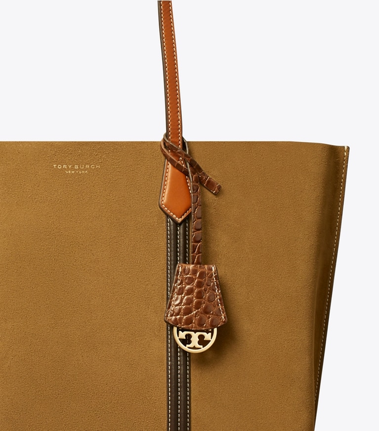 Tory Burch designer tote bags Perry Suede Triple-Compartment Tote in TOASTED SESAME angle