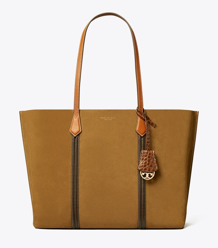 Tory Burch designer tote bags Perry Suede Triple-Compartment Tote in TOASTED SESAME front