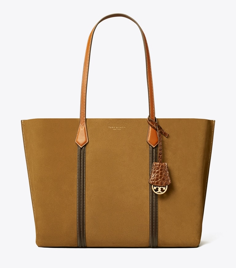 Tory Burch designer tote bags Perry Suede Triple-Compartment Tote in TOASTED SESAME angle