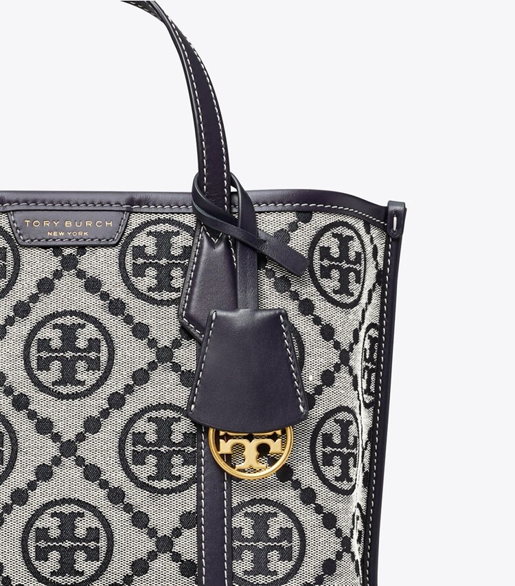 Tory Burch designer tote bags Perry T Monogram Small Triple-Compartment Tote in Tory Navy detail