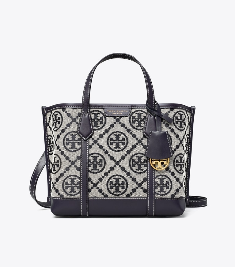 Tory Burch designer tote bags Perry T Monogram Small Triple-Compartment Tote in Tory Navy angle