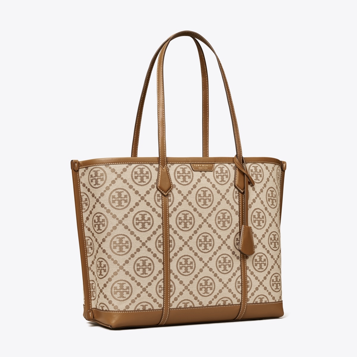 J2HL T.O.R.Y B.U.R.C.H 83312 Perry T Monogram Triple Compartment Tote Bag  in Hazel Woven Jacquard with Fine Leather Trim - Women's Bag