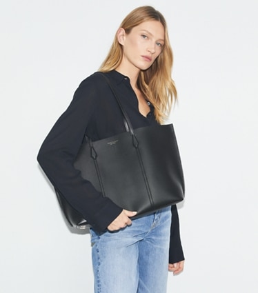 Tory Burch designer tote bags Perry Tote in Black accessory on model