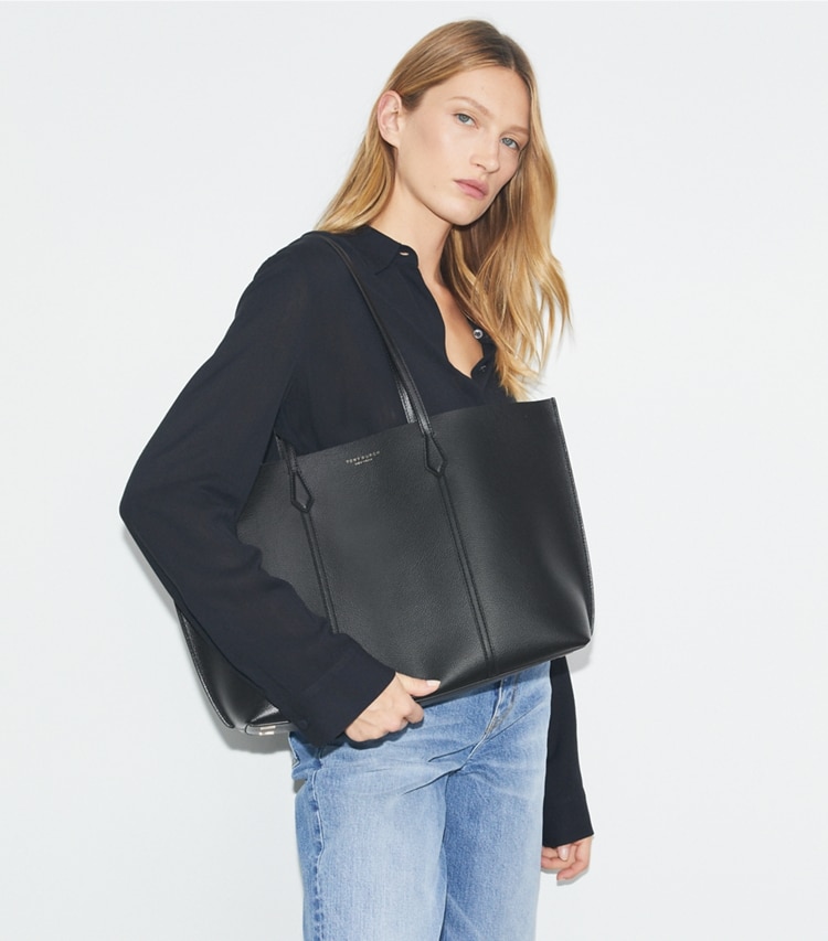 Tory Burch designer tote bags Perry Tote in Black accessory on model