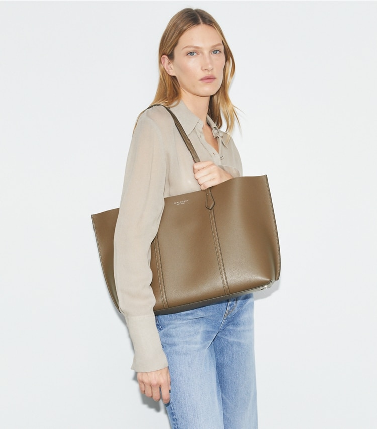 Tory Burch designer tote bags Perry Tote in Wild Mushroom accessory on model