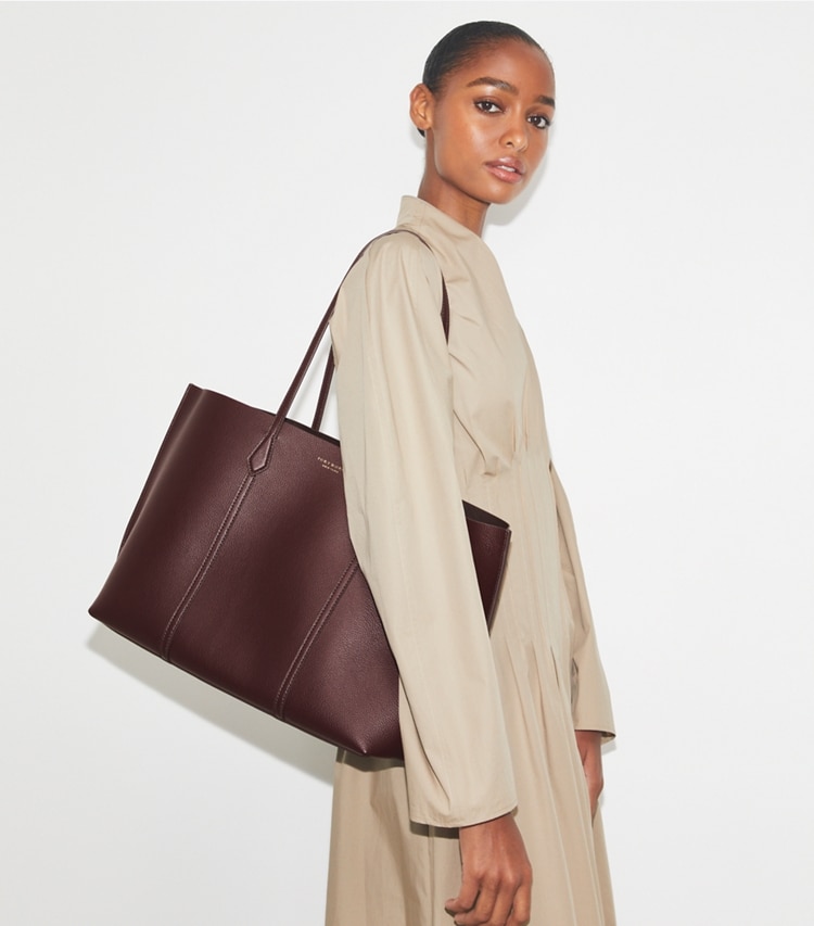 Tory Burch designer tote bags Perry Tote in Dark Carmine accessory on model