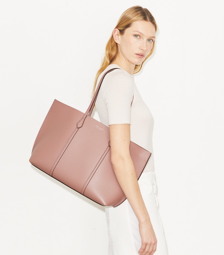 Tory Burch designer tote bags Perry Tote in Light Mauve accessory on model