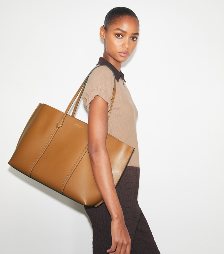 Tory Burch designer tote bags Perry Tote in Autumn Brown accessory on model