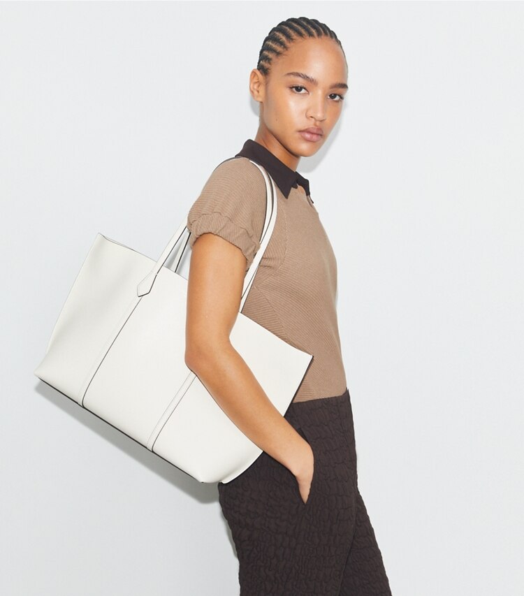 Tory Burch designer tote bags Perry Tote in Warm White accessory on model
