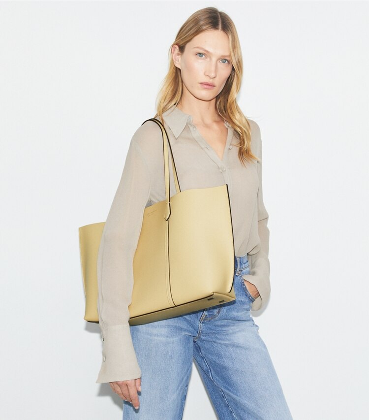 Tory Burch designer tote bags Perry Tote in Praline accessory on model