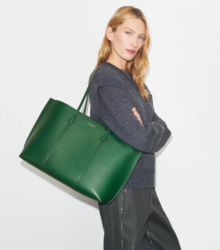 Tory Burch designer tote bags Perry Tote in Dark Kale accessory on model