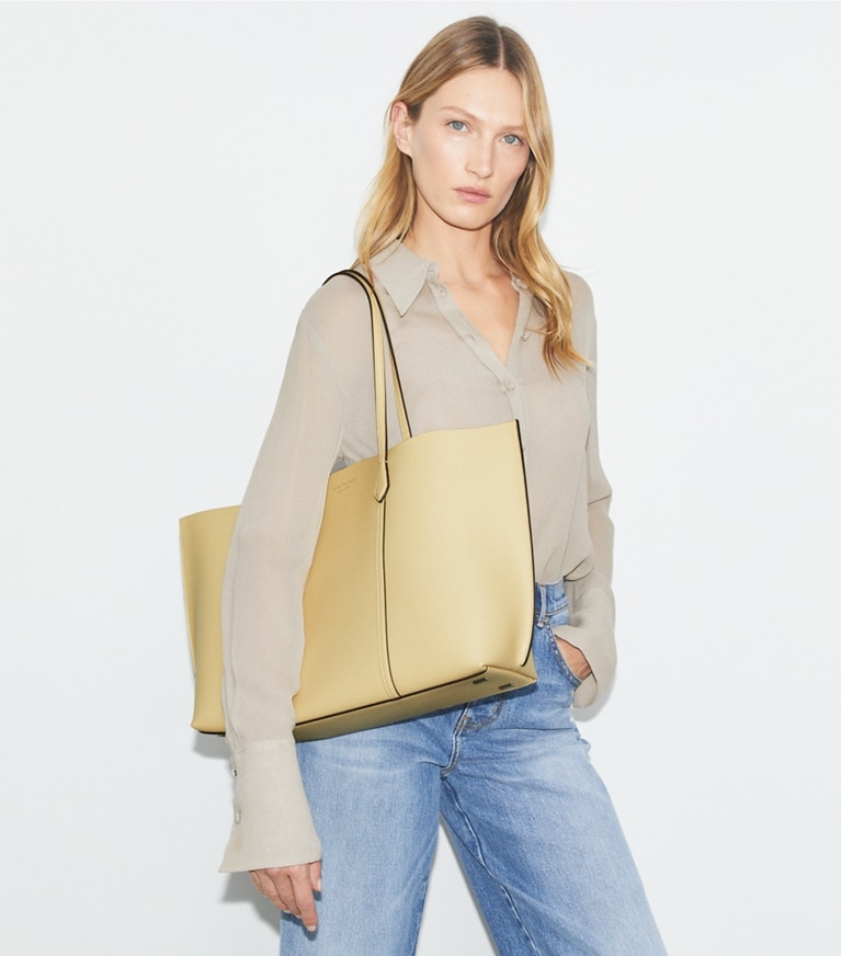Tory Burch designer tote bags Perry Tote Bag in Praline accessory on model