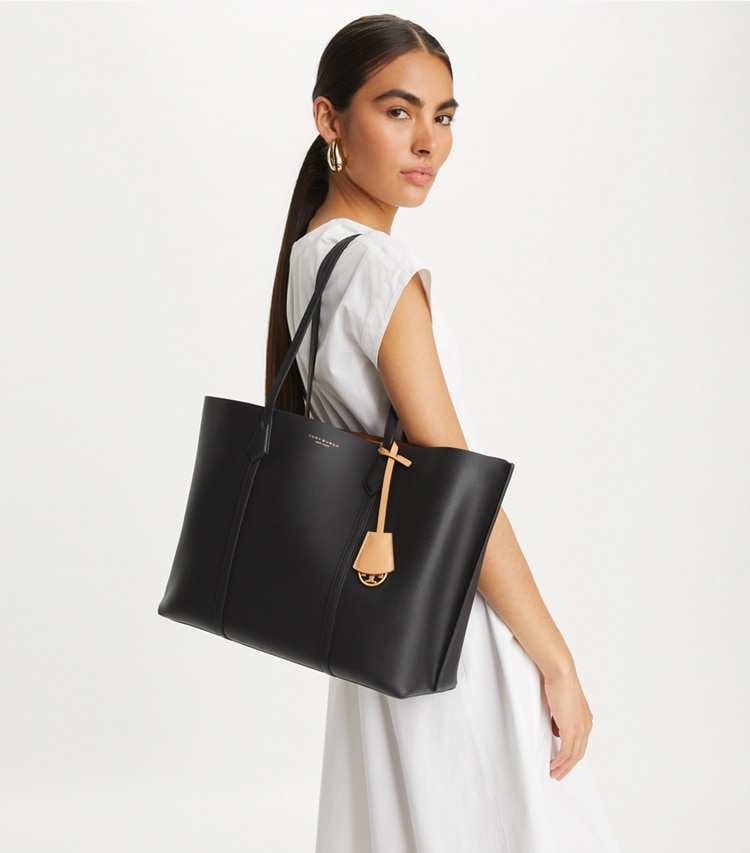 Tory Burch designer tote bags Perry Tote Bag mit drei Fächern in Black accessory on model