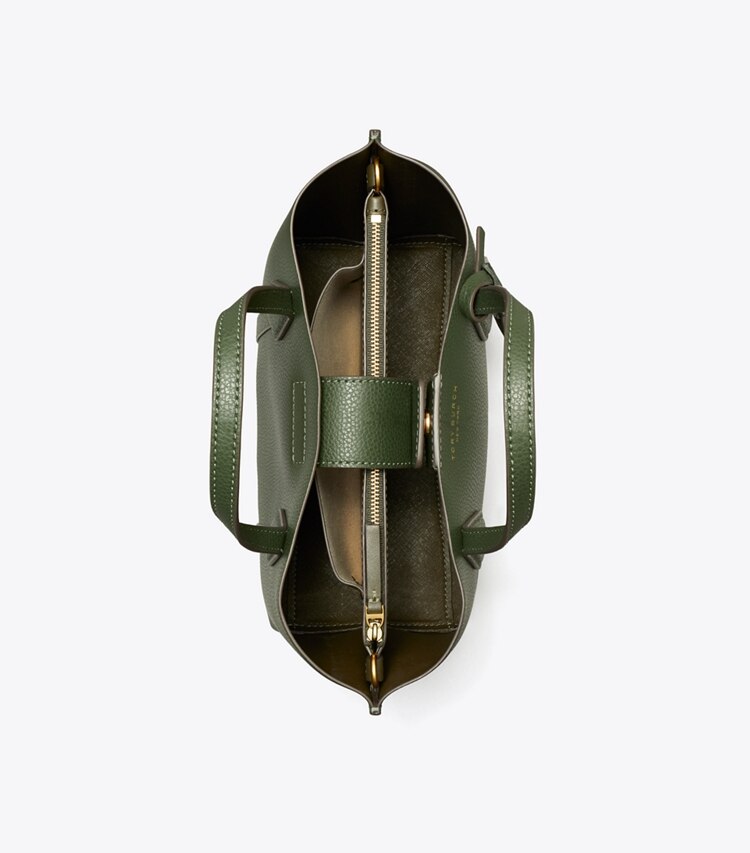 Tory Burch designer tote bags Perry Triple-Compartment Small Tote in Basil overhead